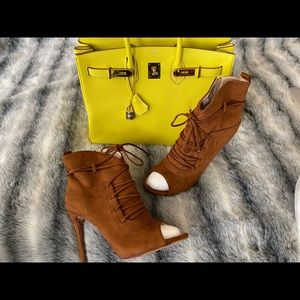 Cognac Brown UltraSuede Lace Up Open Toe Boots 11